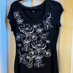 White House Black Market, beaded black tshirt with white flowers, women size L